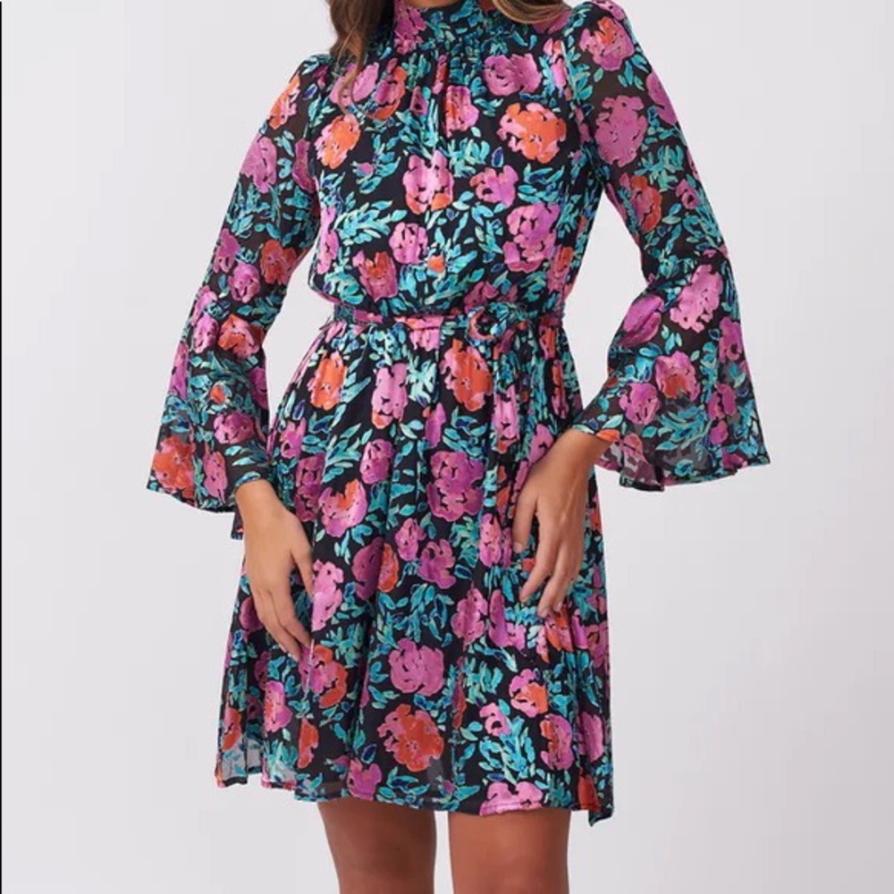Forever Unique Pink and Black Velvet Rose Floral Mini Dress with Flute Sleeve